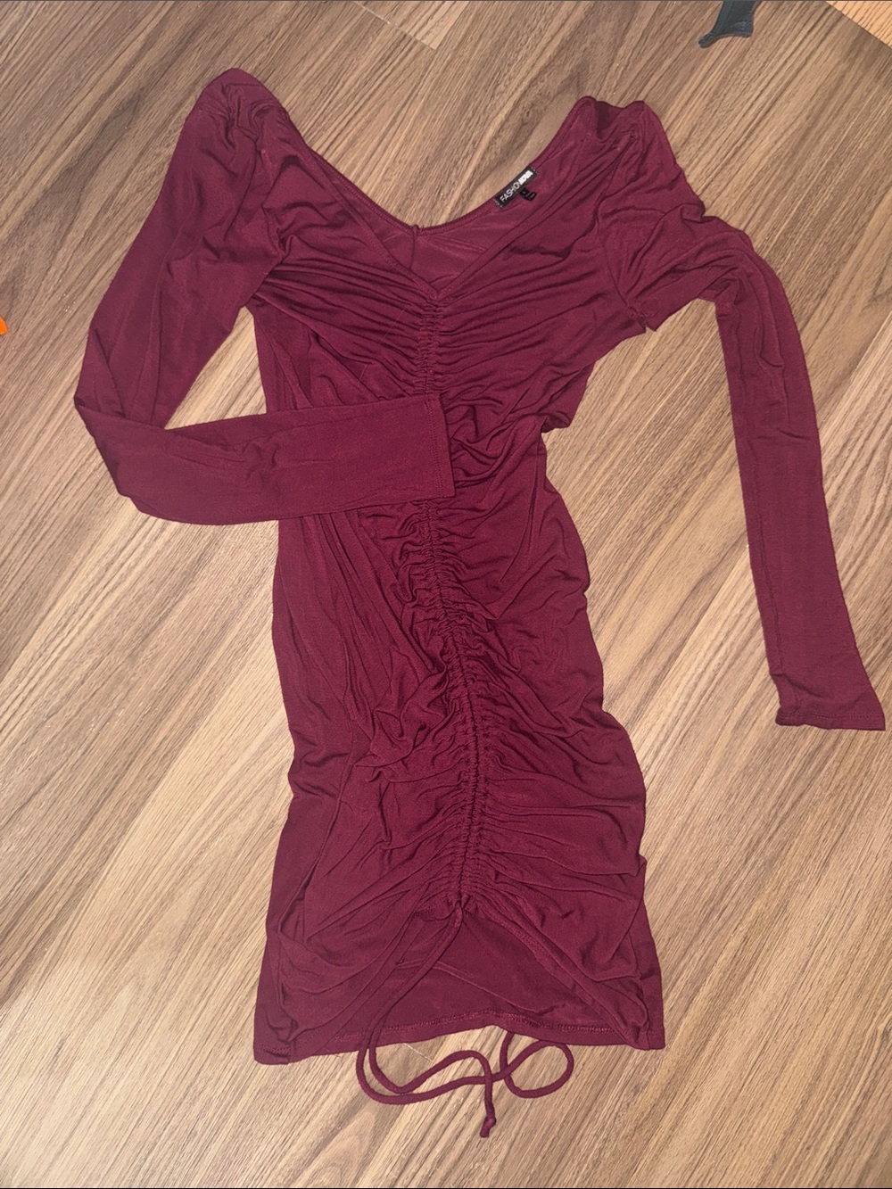 Fashion Nova Ruched Long-Sleeve Bodycon Dress in Burgundy